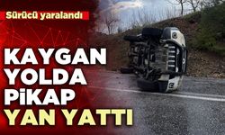 Kaygan yolda pikap yan yattı