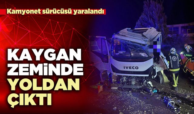 Kaygan zeminde yoldan çıktı Kamyonet sürücüsü yaralandı