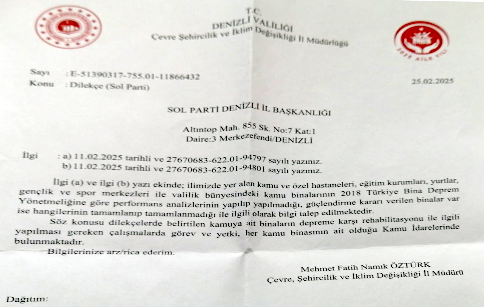 Sol Parti Çevre Müd. Dilekçe
